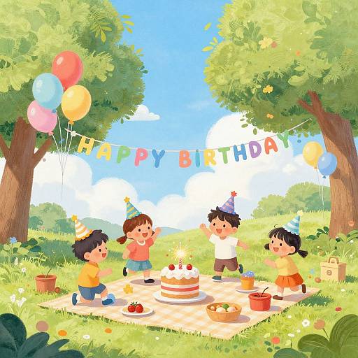 Digital illustration of four children celebrating a birthday outdoors. Bright balloons, colorful 