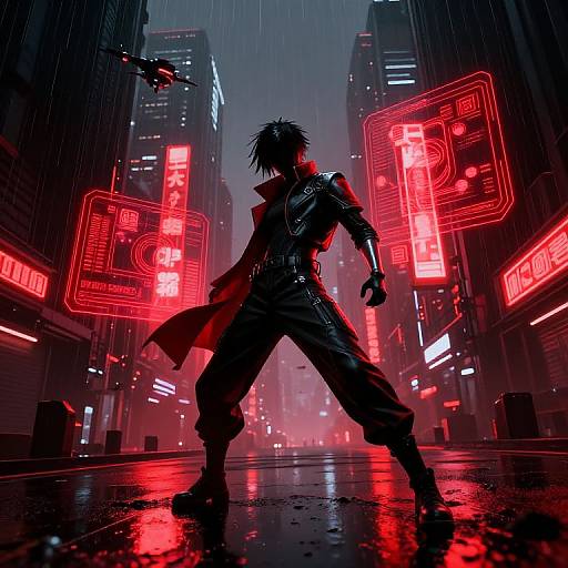Cyberpunk cityscape at night, silhouetted figure with spiky hair and trench coat, neon red signs, rain, flying drone,