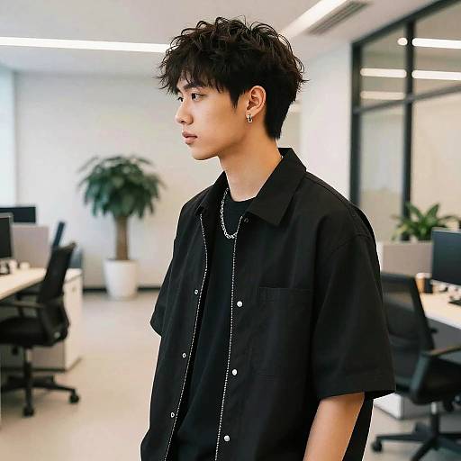 Photograph of an Asian man with messy black hair, wearing a black shirt and chain necklace, standing in a modern, brightly lit office with desks and