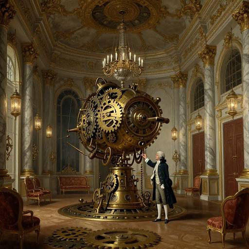 Steampunk-style illustration: An elderly man in a dark suit touches a massive, gears-filled clock machine in an opulent, ornate room with
