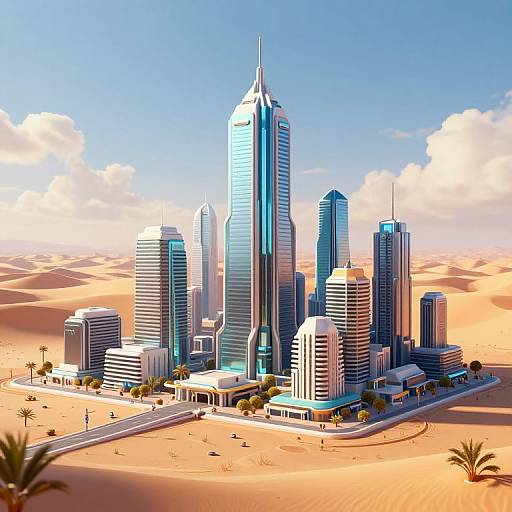 Digital illustration of a futuristic desert cityscape with tall, blue-glass skyscrapers surrounded by sandy dunes and sparse palm trees under a bright blue