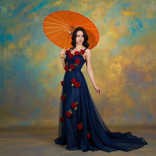 Photograph of a fair-skinned woman with black wavy hair, wearing a dark blue, floor-length, rose-adorned gown, holding an