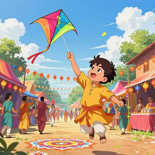 Colorful anime-style drawing of a young boy with black hair, wearing a yellow tunic, joyfully flying a rainbow kite in a bustling, lantern