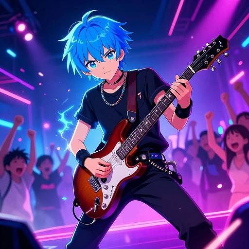 Anime Blue-Haired Guitarist on Neon Stage