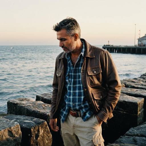Rugged man by seaside pier at dawn