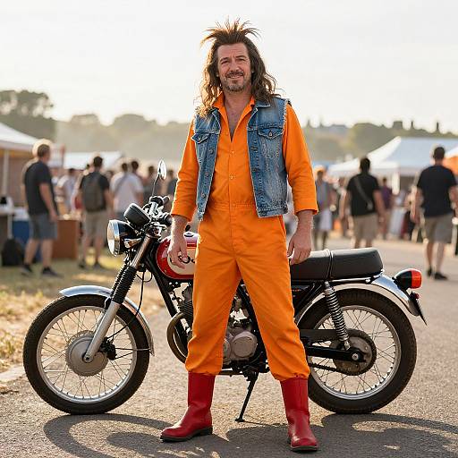 Photograph of a long-haired man with a beard, wearing an orange jumpsuit, denim vest, and red boots, standing beside a vintage motorcycle at