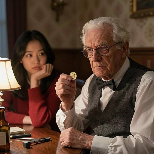 Elderly man holding gold coin with young woman nearby