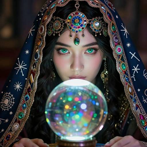 Photograph of a woman with green eyes, dark hair, and intricate jewelry, wearing a patterned black veil, holding a glowing, rainbow-colored crystal