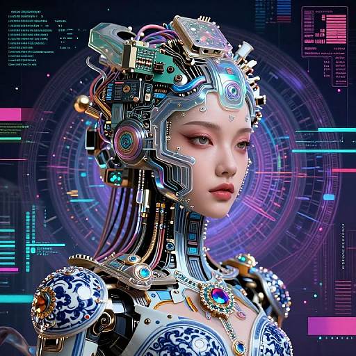 Digital artwork of a cybernetic woman with intricate, glowing mechanical headgear, blue and white patterned armor, and a futuristic, neon-lit
