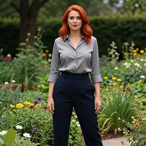 Photograph of a red-haired woman with fair skin, wearing a silver blouse and black pants, standing in a vibrant, colorful garden.
