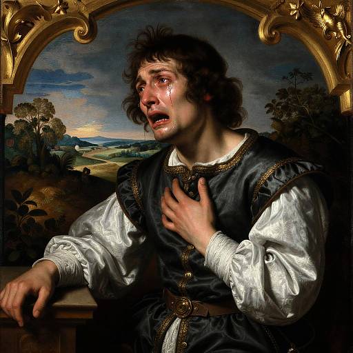 Photorealistic digital painting of a distressed, tearful young man with curly hair, wearing a medieval-style black vest and white shirt, hand on chest