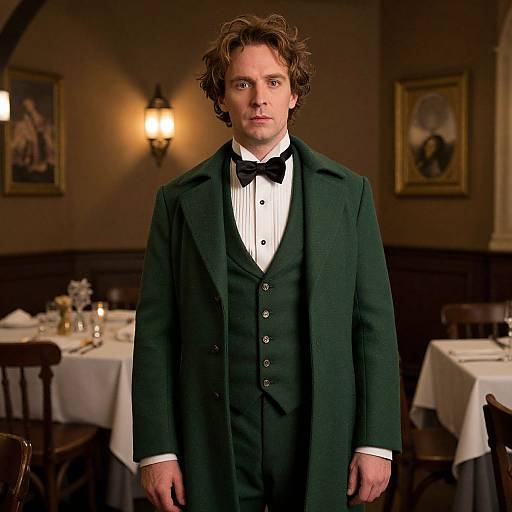 Photograph of a curly-haired man in a dark green Victorian-style suit with a black bow tie, standing in a dimly lit, elegant restaurant.