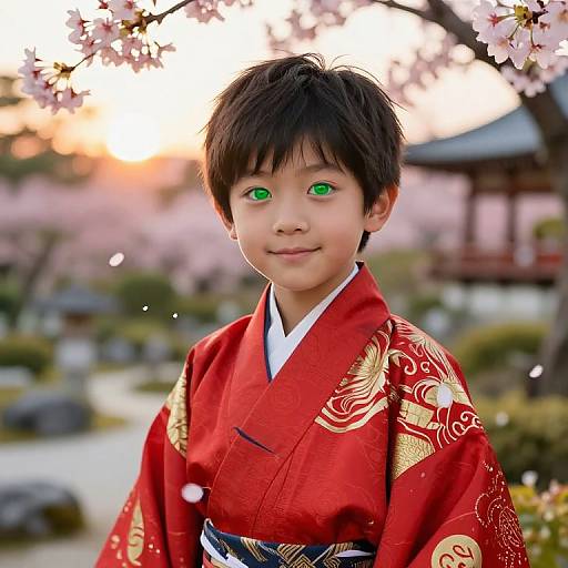 Asian Boy in Traditional Kimono Garden