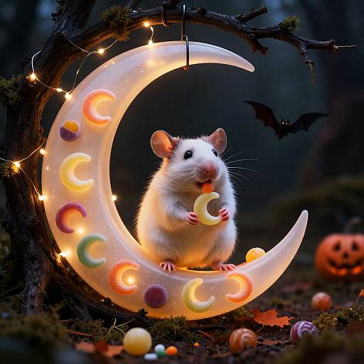 Happy Rat in Crescent Moon Lantern