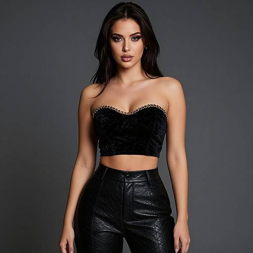 Photograph of a stunning woman with long black hair, wearing a black lace strapless crop top and high-waisted leather pants, standing against a