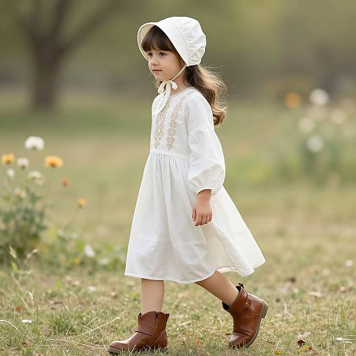 Photograph of a young girl with long brown hair, wearing a white dress and hood, brown boots, walking in a sunlit, grassy field
