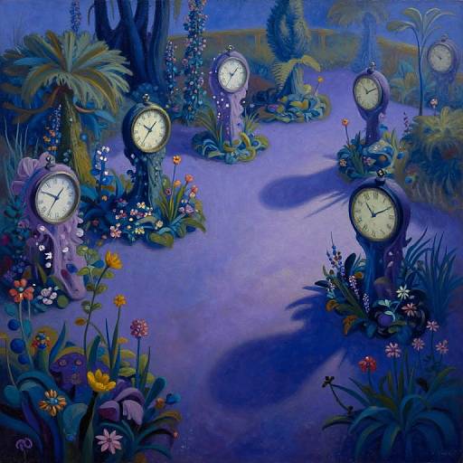 Whimsical painting of a moonlit garden path with six glowing clock trees surrounded by colorful flowers and lush greenery.