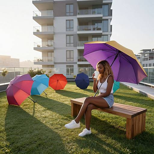 Photograph of a blonde woman in a white tank top and denim shorts, sitting on a wooden bench, holding a purple umbrella, surrounded by colorful umb