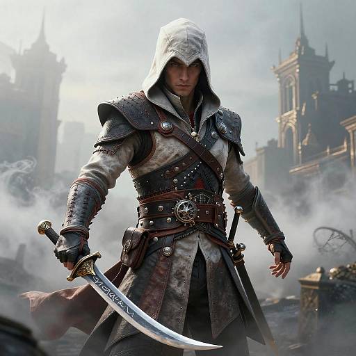 Misty Hooded Assassin with Glowing Scimitar