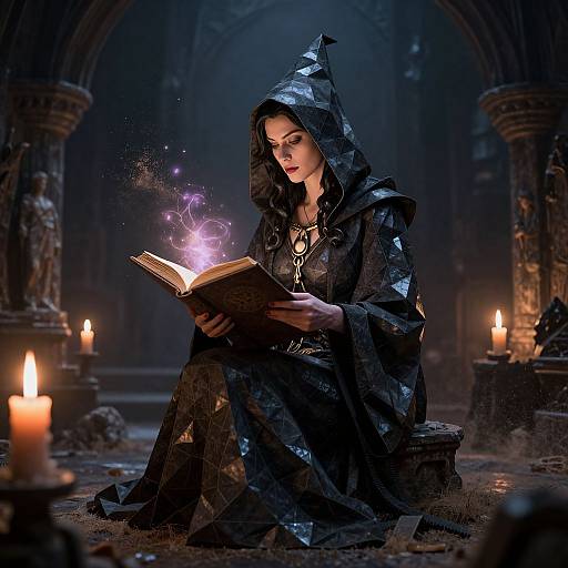 Photorealistic digital art: Witch with dark hood and starry cloak, glowing book, surrounded by candles, in dimly lit, gothic stone