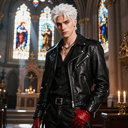 Digital art of a white-haired, blue-eyed man in a black leather jacket, red gloves, and black shirt standing in a colorful, illuminated cathedral.