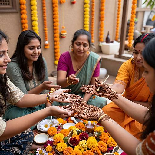 Four Indian women in colorful traditional attire, sharing intricate henna designs on their hands, surrounded by marigold garlands and candles. Photograph.