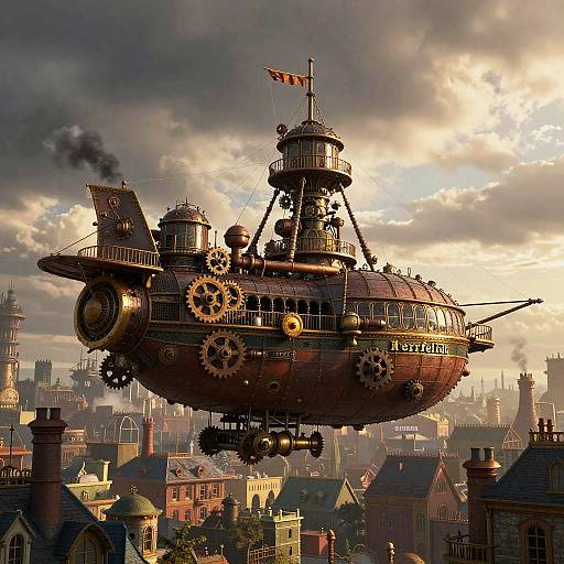 Steampunk airship with large gears and brass details floating above a Victorian cityscape at sunset, under a cloudy sky. Digital art.