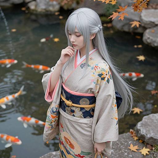 Elegant Silver-Haired Kimono Figure