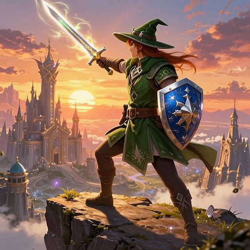 Fantasy digital art: Brave wizard in green tunic, hat, and brown boots, wielding glowing sword, shields, stands on cliff against sunset city