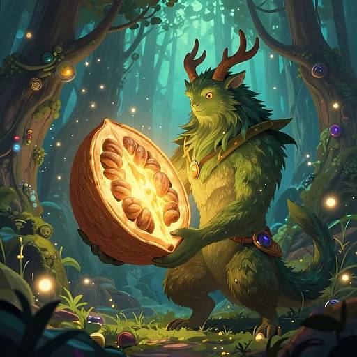 Fantasy digital art: A green, antlered, furry creature holds a glowing, hollow fruit filled with warm light in a mystical, enchanted forest