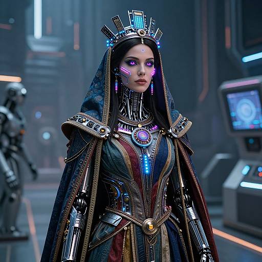 Digital artwork of a futuristic queen with glowing purple eyes, wearing a metallic crown, intricately detailed black and gold robe, and neon accents, standing in
