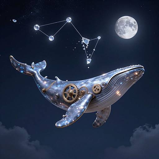 Digital artwork of a glowing, gear-adorned whale against a night sky, with a full moon and constellation. Whimsical, steampunk