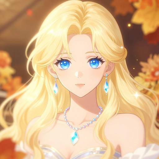 Digital anime-style portrait of a blonde woman with vibrant blue eyes, wearing glowing blue earrings and necklace, set against a warm autumn background.