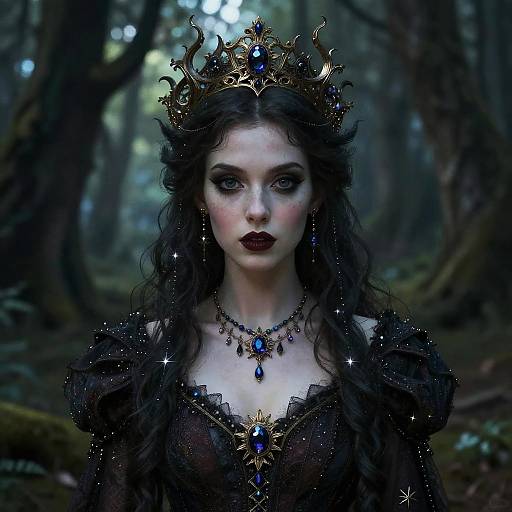 Digital fantasy portrait of a pale, dark-haired queen with a golden crown, blue gem jewelry, dark red lips, and black lace gown in a mist