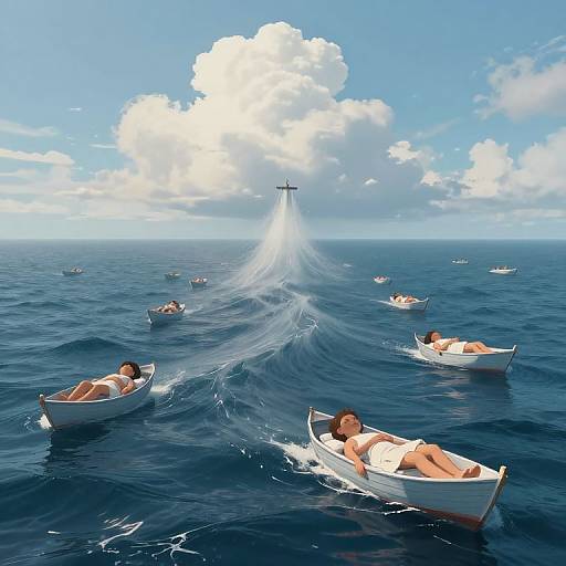 Digital artwork of six people in white boats, floating on deep blue ocean, converging towards a distant lighthouse under a bright sky.