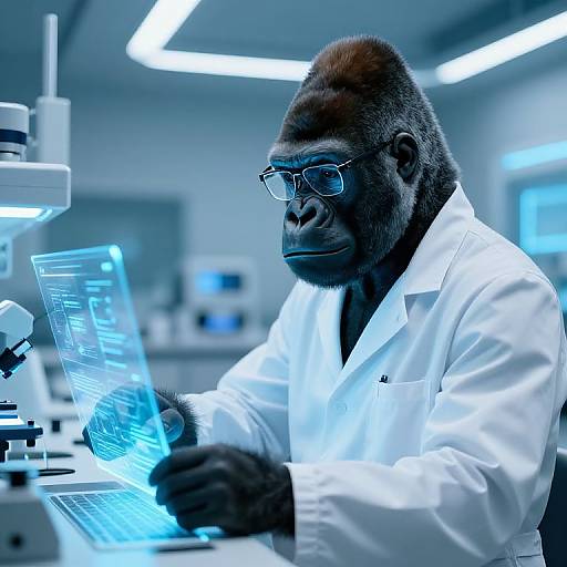 Photograph of a gorilla in a white lab coat, wearing glasses, examining blue glowing data on a tablet in a modern laboratory.