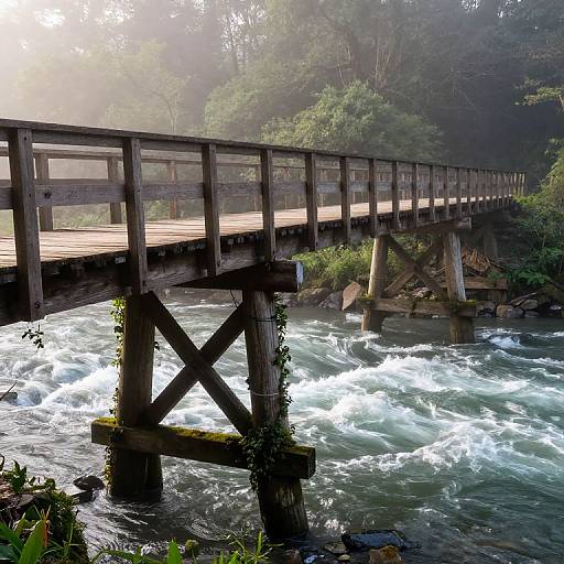 Sturdy Wooden Bridge in Misty Forest