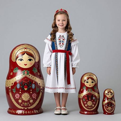 Photograph of a young girl in traditional white dress with red sash, standing between three colorful, decorated wooden figurines.