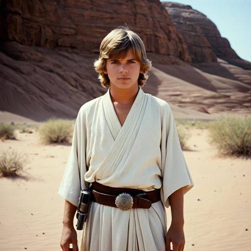 Young man dressed as Luke Skywalker in desert