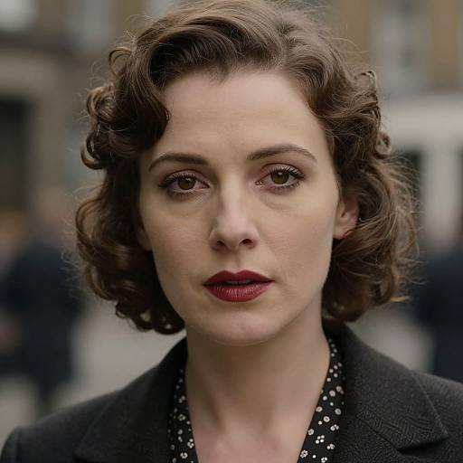 Photograph of a fair-skinned woman with short, wavy brown hair, red lipstick, and dark polka-dot blouse, wearing a black coat