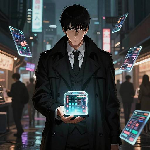 Digital anime art of a serious, black-haired man in a dark coat, holding a glowing holographic device in a neon-lit city street. Floating