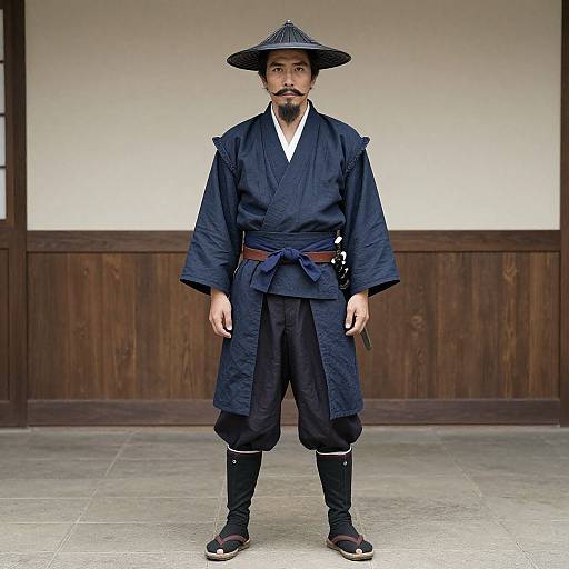 Photograph of a Japanese man standing in a traditional wooden room, wearing a dark blue kimono, wide-brimmed hat, black pants, and