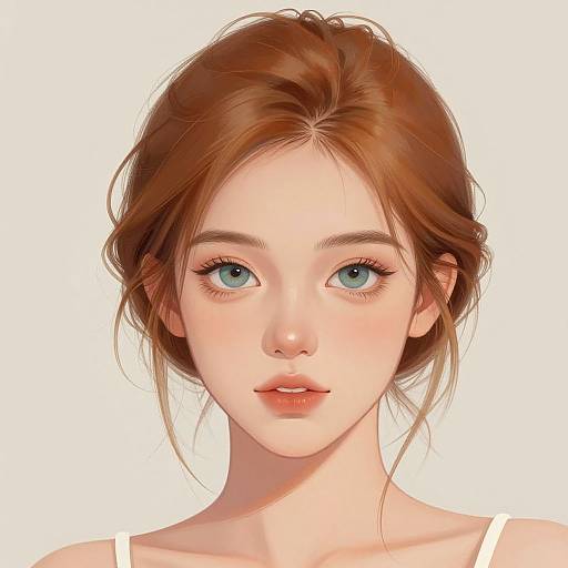 Digital anime-style portrait of a fair-skinned, blue-eyed young woman with red-brown, loosely tied hair, wearing a white top, against a