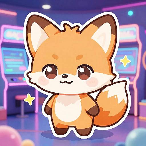 Chibi Fox Mascot in Neon Arcade