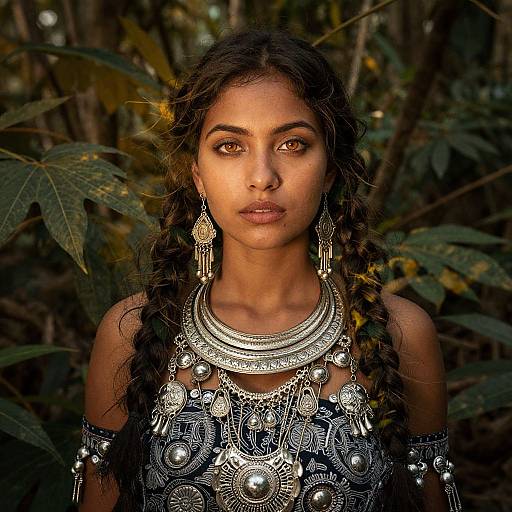 Photograph of a dark-haired woman with brown eyes, wearing intricate silver jewelry and black patterned attire, set against a forest backdrop.