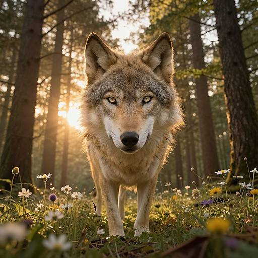 Photograph of a focused, golden-brown wolf with piercing yellow eyes standing in a sunlit forest, surrounded by wildflowers and tall trees.