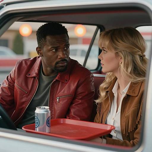 Two People in Vintage Car at Diner