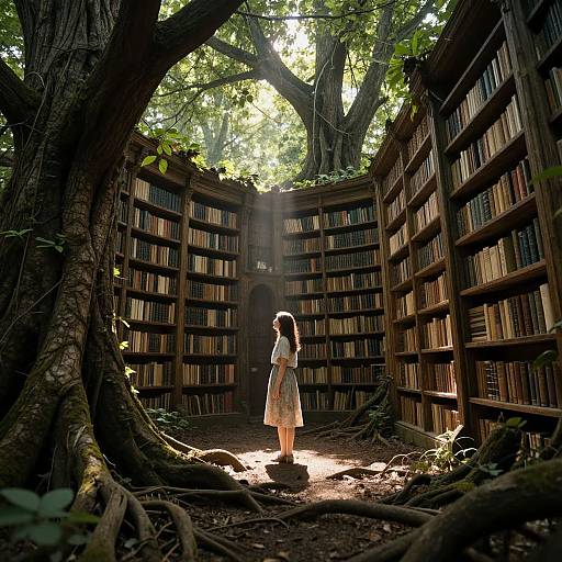 Photograph of a young woman in a white dress standing in a sunlit, tree-surrounded library with towering bookshelves. Sun beams filter through