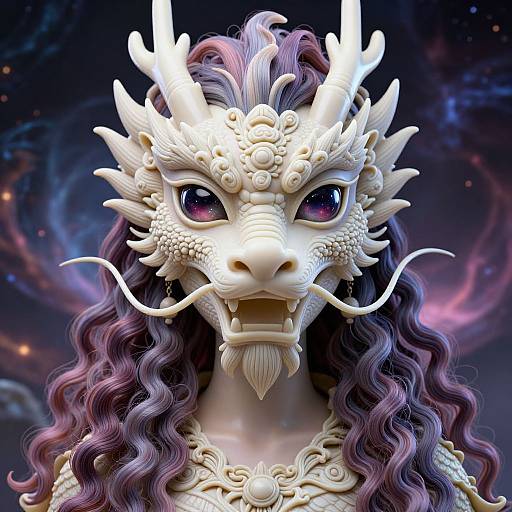 Digital artwork of a detailed, white dragon-headed character with flowing purple hair, intricate horn and facial adornments, and expressive, starry purple eyes,
