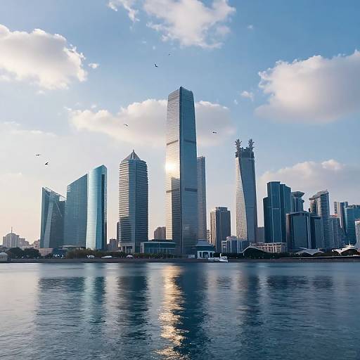 Photograph of a modern city skyline at sunset, featuring tall glass skyscrapers reflected on a calm river, under a blue sky with scattered clouds.